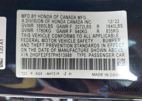 2023 Honda Civic Sport из США, поврежденный, VIN 2HGFE2F57PH513988